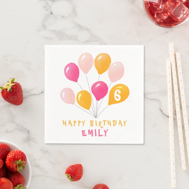 Cute Pink Colorful Balloons Girl`s Birthday Party Napkins (Insitu)