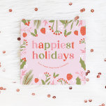 Cute Pink Colorful Floral Happy Holidays Holiday Card<br><div class="desc">This colorful card features a border of leaves, berries and flowers in pink and green. The words "happiest holidays" are typeset in a cute, vintage font in alternating colors. Add your family or company name in the text box labelled "your text here". You can also add extra text on the...</div>