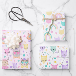 Cute Pink Colorful Kitten Kitty Cat Lover Pattern Wrapping Paper Sheets