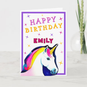 Cute Pink Colorful Unicorn Girl Happy Birthday Card