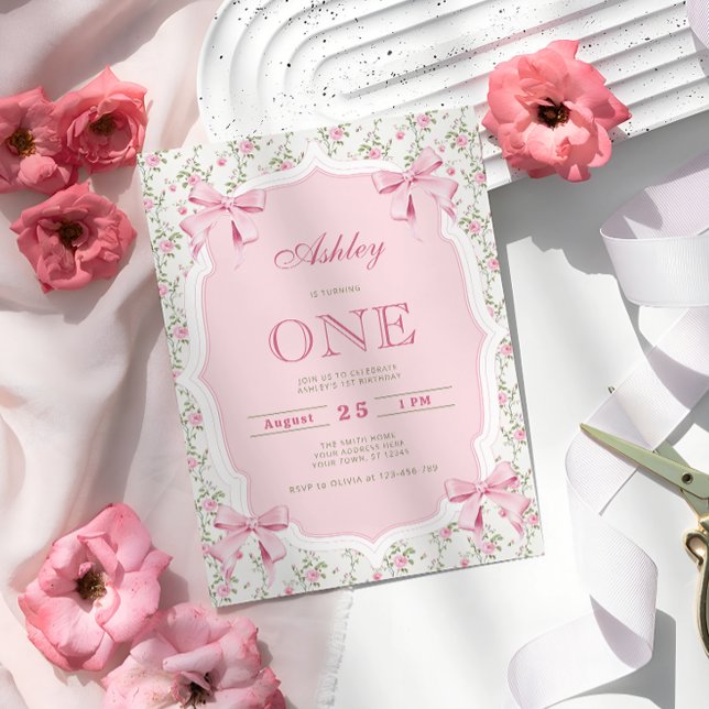 Cute Pink Coquette Bow 1st Birthday Invitation (Creator Uploaded)