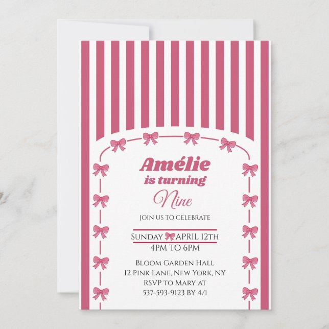 Cute Pink Coquette Bow Girl 9th Birthday  Invitation (Front)