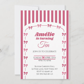 Cute Pink Coquette Bow Girl Tenth Birthday  Invitation