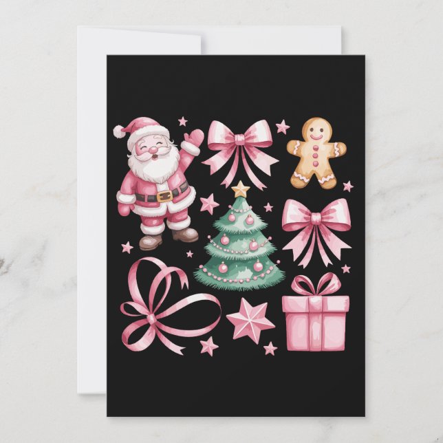 Cute Pink Coquette Bow Santa Christmas Tree Xmas Holiday Card (Front)