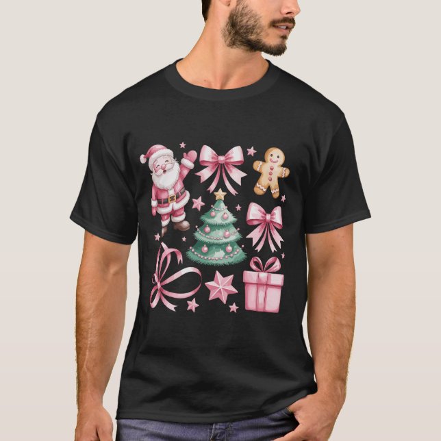 Cute Pink Coquette Bow Santa Christmas Tree Xmas T-Shirt (Front)