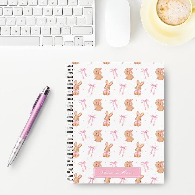 Cute Pink Coquette Bows Bunnies Monogram Name  Notebook (Creator Uploaded)