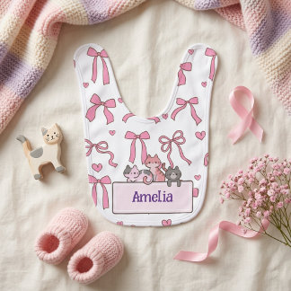 Cute Pink Coquette Bows & Cats |  Kawaii Nursery  Baby Bib