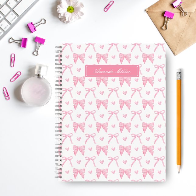 Cute Pink Coquette Bows Hearts Personalized Name Notebook (Creator Uploaded)
