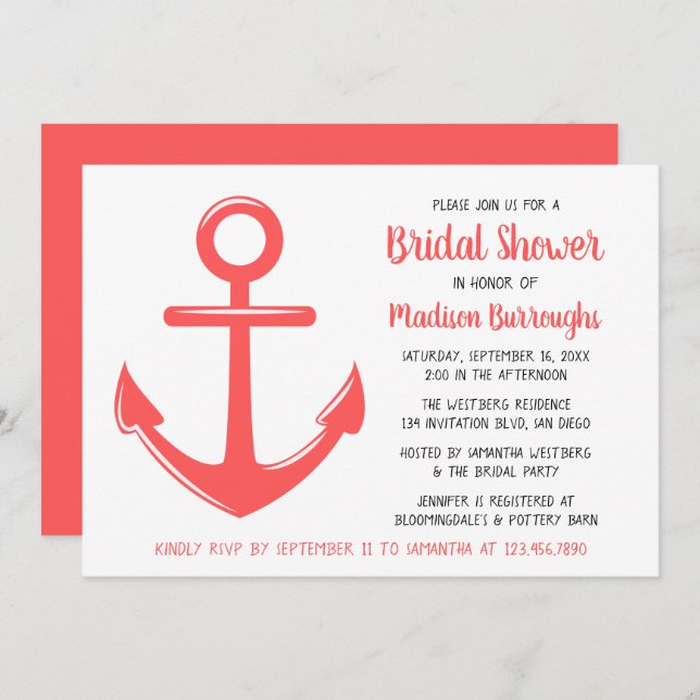 Cute Pink Coral Boat Anchor Nautical Bridal Shower Invitation (Front/Back)