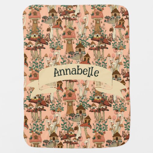 Cute Pink Cottagecore Floral Mushroom House Print Baby Blanket