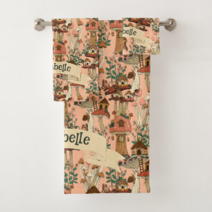 Cute Pink Cottagecore Floral Mushroom House Print Bath Towel Set