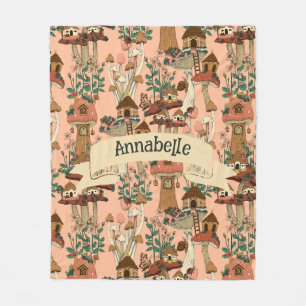 Cute Pink Cottagecore Floral Mushroom House Print Fleece Blanket