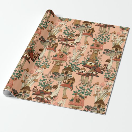 Cute Pink Cottagecore Floral Mushroom House Print Wrapping Paper