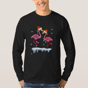 Cute Pink Couple Love Flamingo Santa Hats Snow Chr T-Shirt