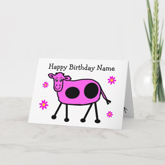 Cute Pink Cow and Flowers Cartoon Birthday Card