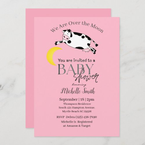 Cute Pink Cow Jumped Over The Moon  Baby Shower Invitation