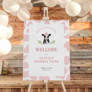 Cute Pink Cow Pattern Birthday Welcome Sign