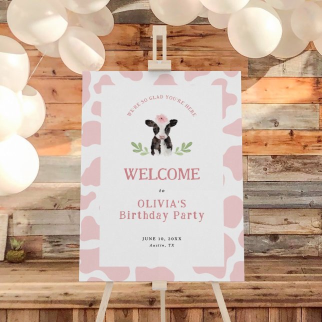 Cute Pink Cow Pattern Birthday Welcome Sign (Creator Uploaded)