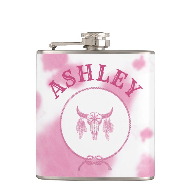 Cute Pink Cow Print Western Rodeo Custom Flask (Front)