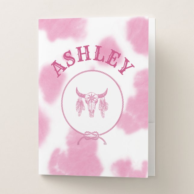 Cute Pink Cow Print Western Rodeo Custom Pocket Folder (Front)