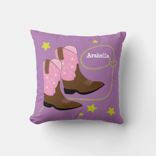 Cute Pink Cowboy Boots & Rope, Personalized Throw Pillow (Front)