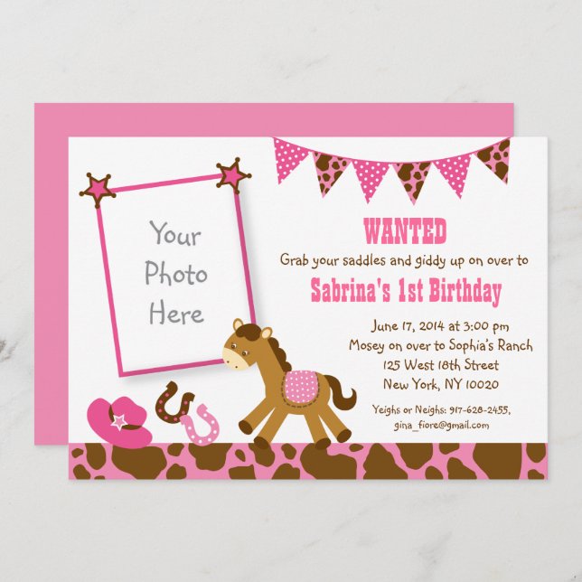 Cute Pink Cowgirl 1st Birthday Invitation (Front/Back)