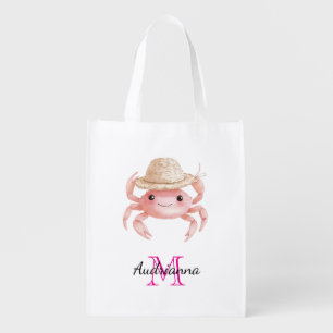 Cute Pink Crab Beach Monogram Grocery Bag