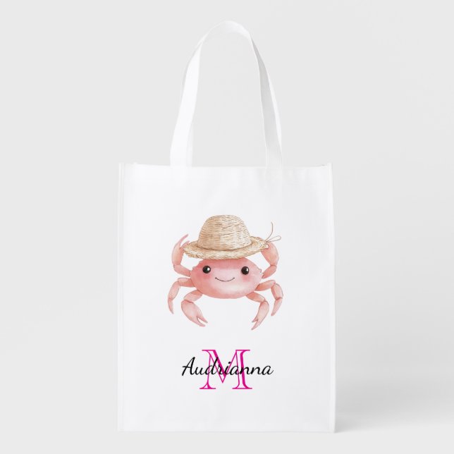 Cute Pink Crab Beach Monogram Grocery Bag (Front)