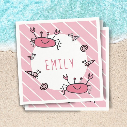 Cute Pink Crab Sea Animal Girl Name Birthday Napkins