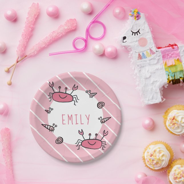 Cute Pink Crab Sea Animal Girl Name Paper Plates (Party)