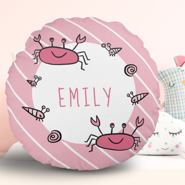 Cute Pink Crab Sea Animal Girl Name Round Pillow (Creator Uploaded)