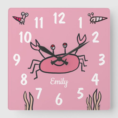 Cute Pink Crab Sea Animal Girl Name Square Wall Clock