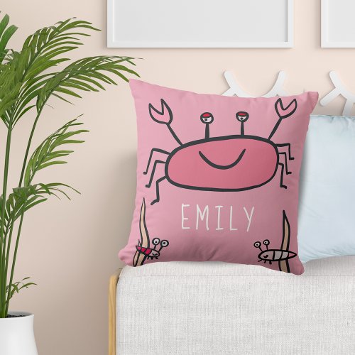 Cute Pink Crab Sea Animal Girl Name Throw Pillow