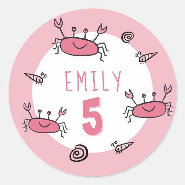 Cute Pink Crab Sea Animals Girl Birthday Classic Round Sticker (Front)