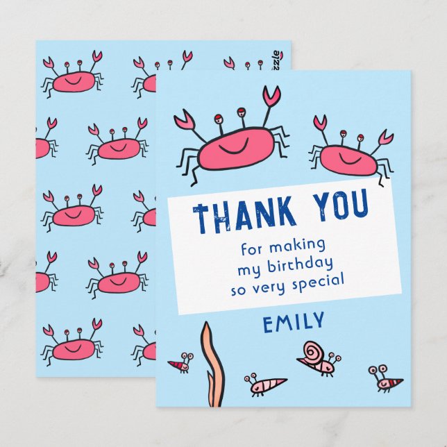 Cute Pink Crab Sea Animals Girl Birthday Thank you Postcard (Front/Back)