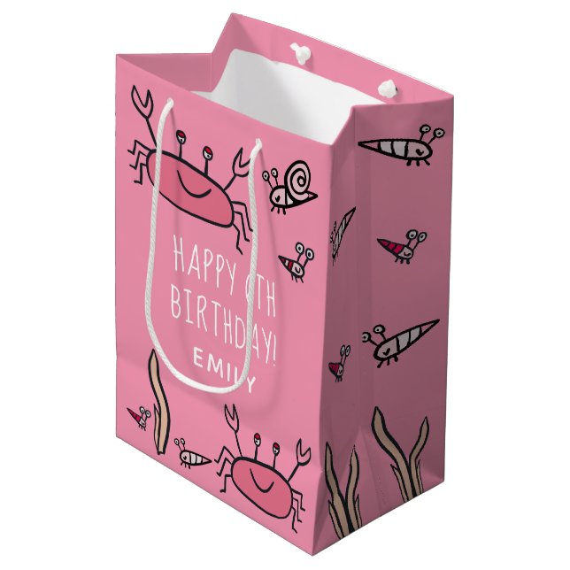 Cute Pink Crab Sea Animals Girl Happy Birthday Medium Gift Bag (Front Angled)