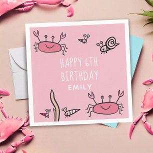 Cute Pink Crab Sea Animals Girl Happy Birthday Napkins