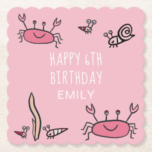 Cute Pink Crab Sea Animals Girl Happy Birthday Paper Coaster