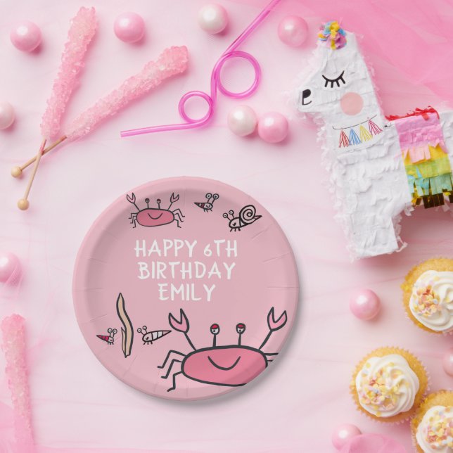 Cute Pink Crab Sea Animals Girl Happy Birthday  Paper Plates (Party)