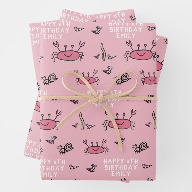 Cute Pink Crab Sea Animals Girl Happy Birthday  Wrapping Paper Sheets (In situ)