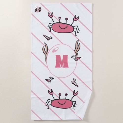 Cute Pink Crab Sea Animals Girl Monogram Beach Towel
