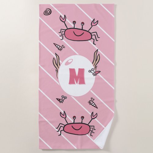 Cute Pink Crab Sea Animals Girl Monogram Beach Towel