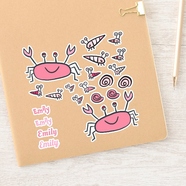Cute Pink Crab Sea Animals Girl Name Sticker (Notebook)