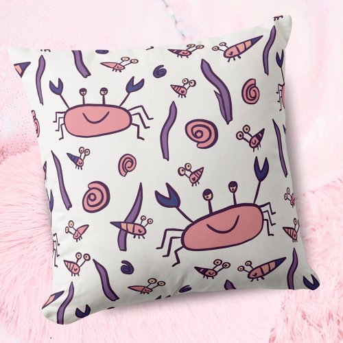 Cute Pink Crab Shell Sea Animal Girl Throw Pillow