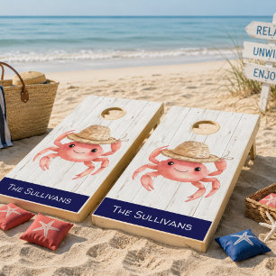 Cute Pink Crab White Rustic Family Name Summer Cornhole Set