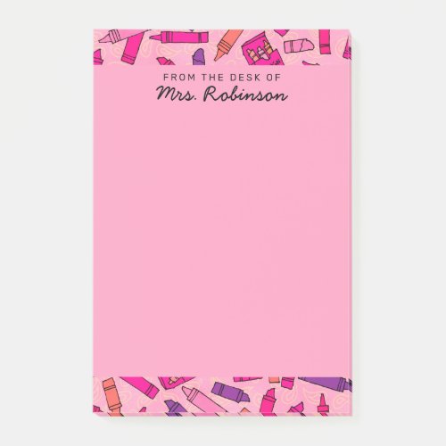 Cute Pink Crayons Teacher From the Desk of 4 x 6 Post_it Notes