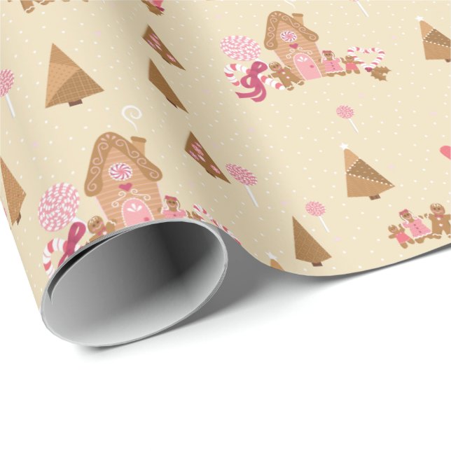 Cute Pink Cream Gingerbread Candy Cane Wrapping Pa Wrapping Paper (Roll Corner)