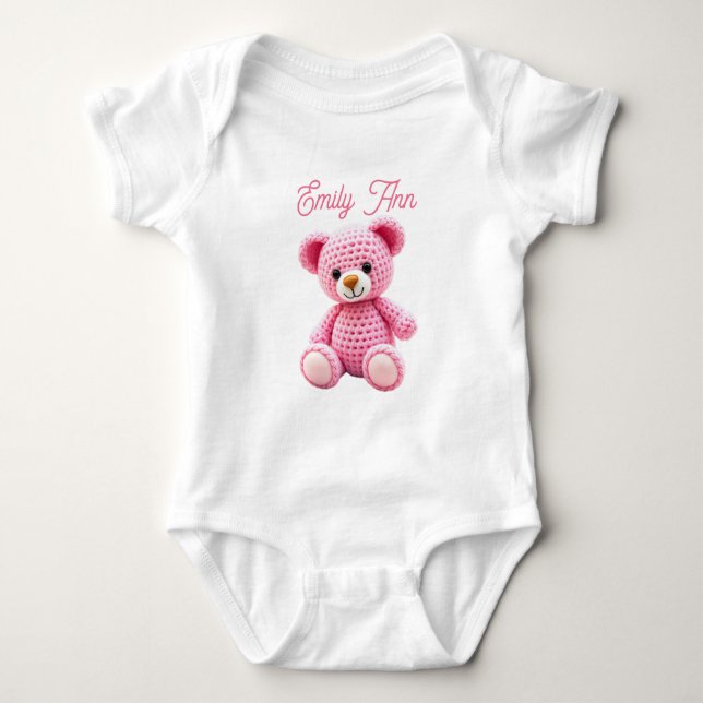 Cute Pink Crocheted Baby Girl's Personalized Baby Bodysuit (Front)