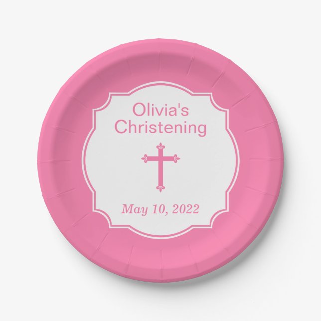Cute Pink Cross Girl's Christening Baptism Paper Plates (Front)