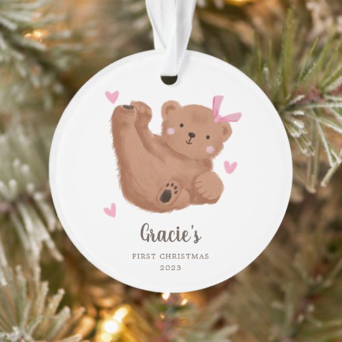 Cute Pink Cub Bear Babys First Christmas Ornament